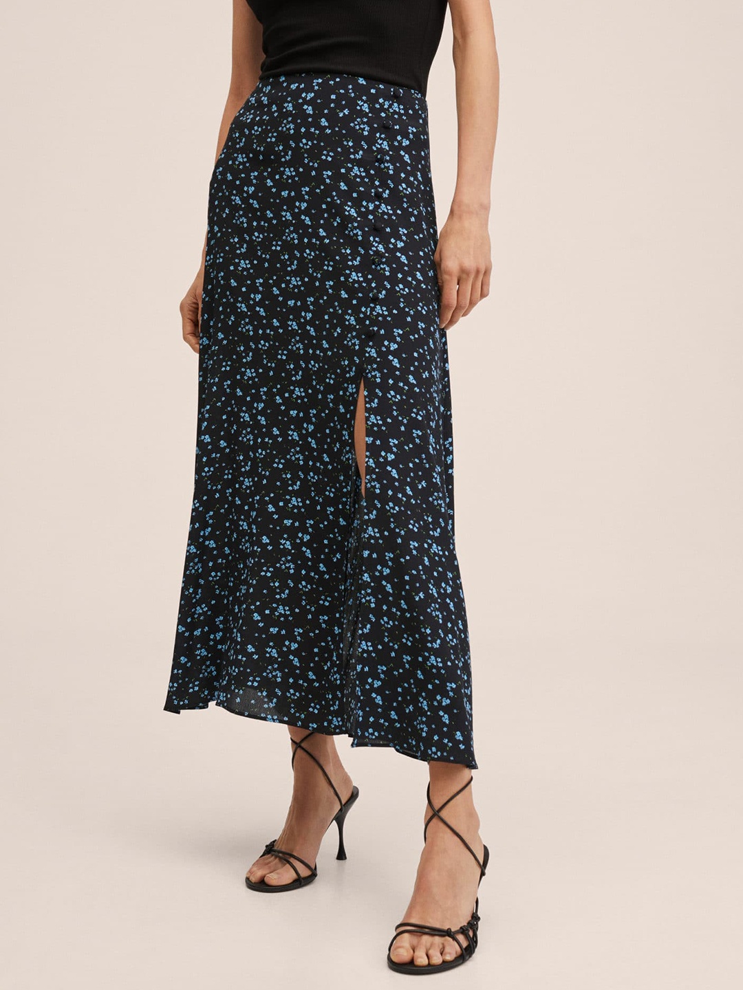 

MANGO Women Black & Blue Floral Print Front Slit A-line Maxi Skirt