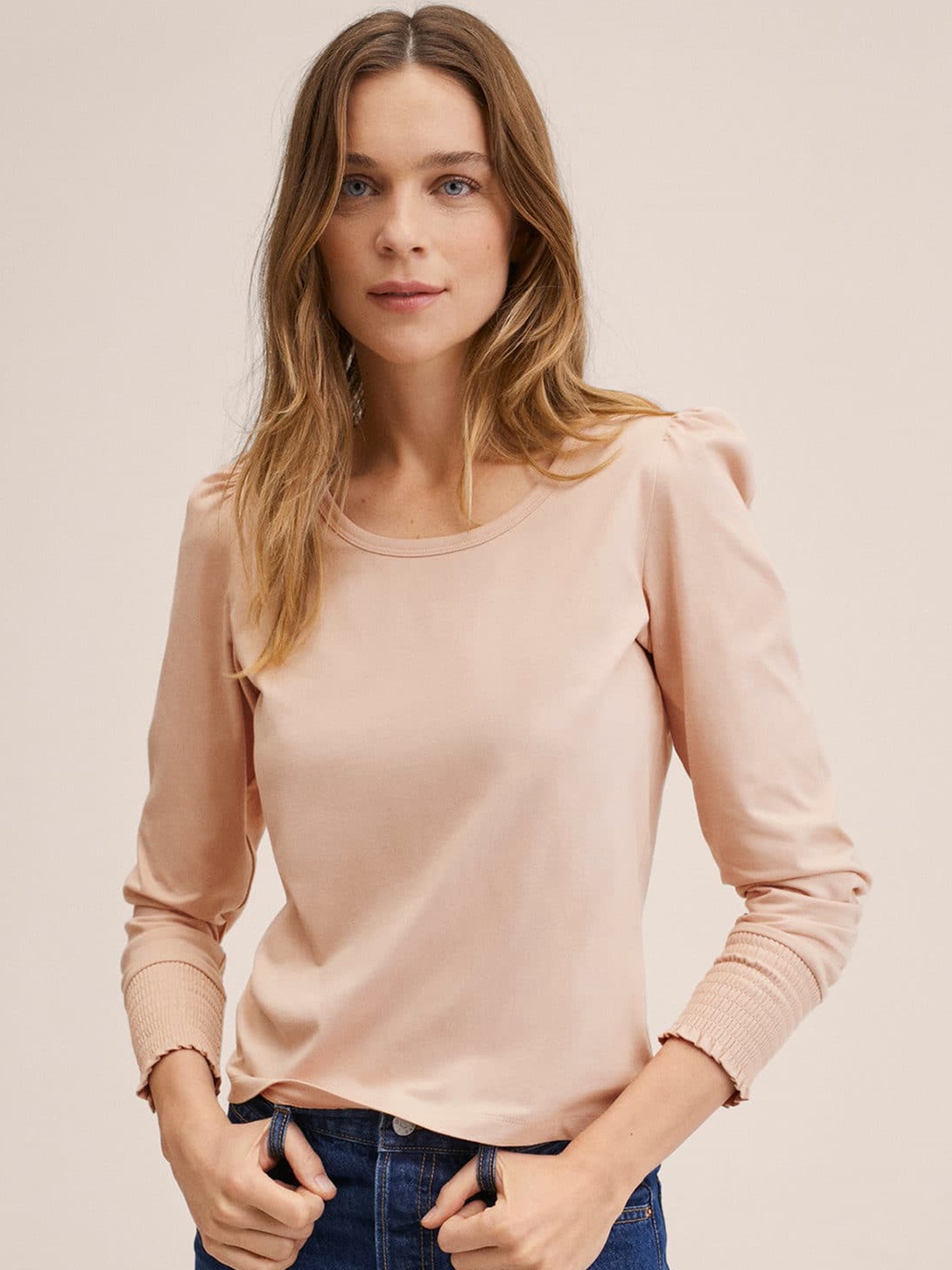 

MANGO Women Dusty Pink Pure Cotton Smocked Top, Rose