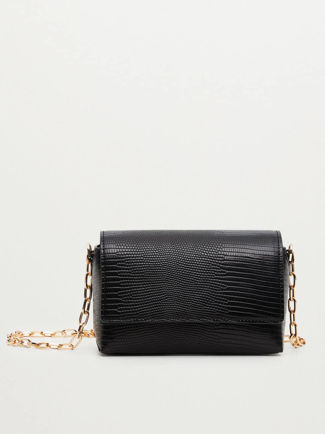 

MANGO Black Snakeskin Textured Structured Sling Bag with Non-Detachable Sling Strap