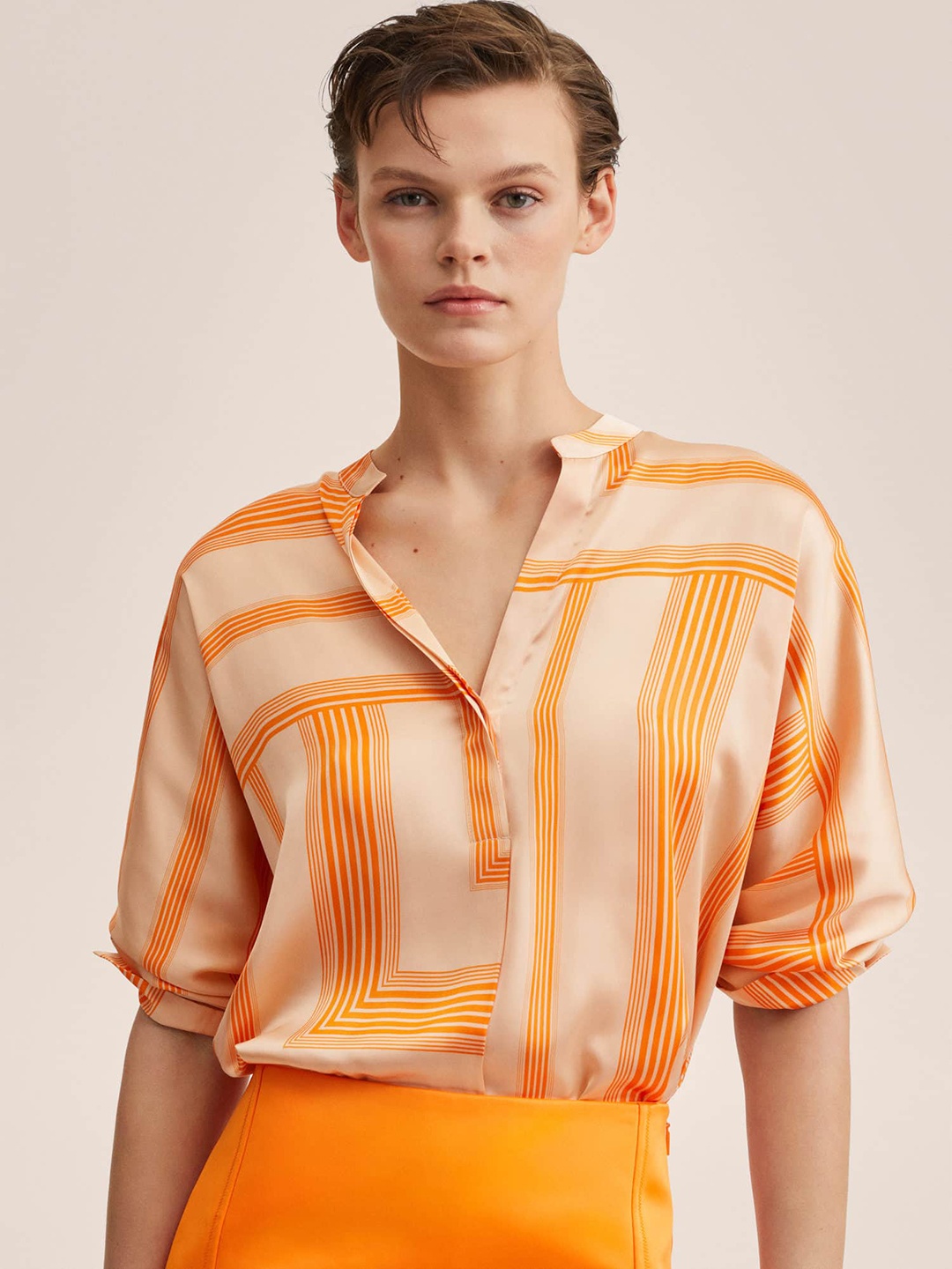 

MANGO Women Orange & Beige Striped Mandarin Collar Woven Top