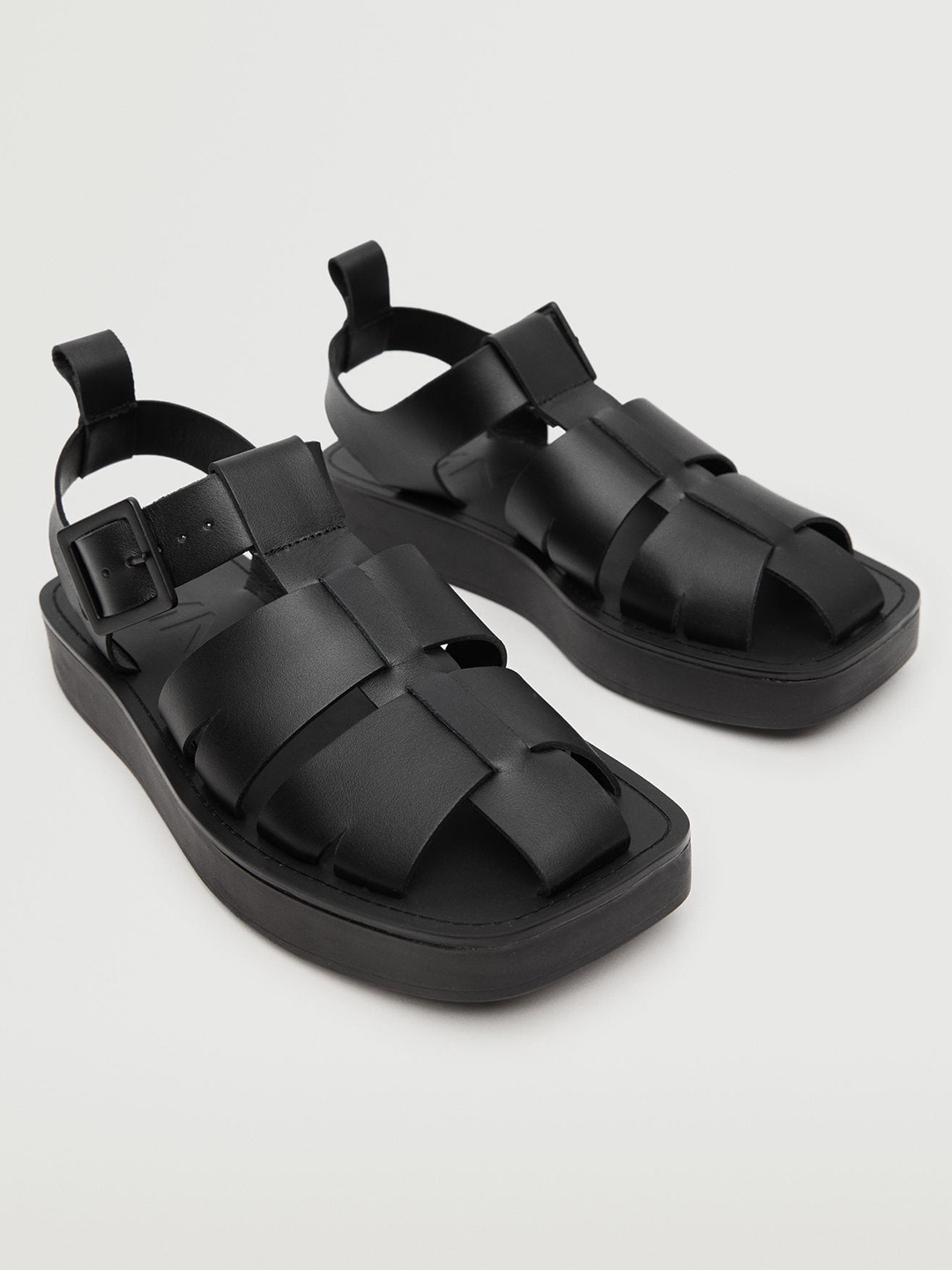 

MANGO Women Black Solid Fisherman Style Leather Gladiators
