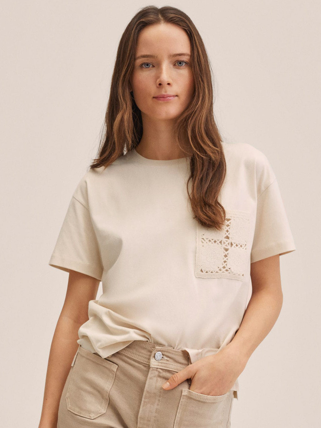 

MANGO Women Beige Solid T-shirt