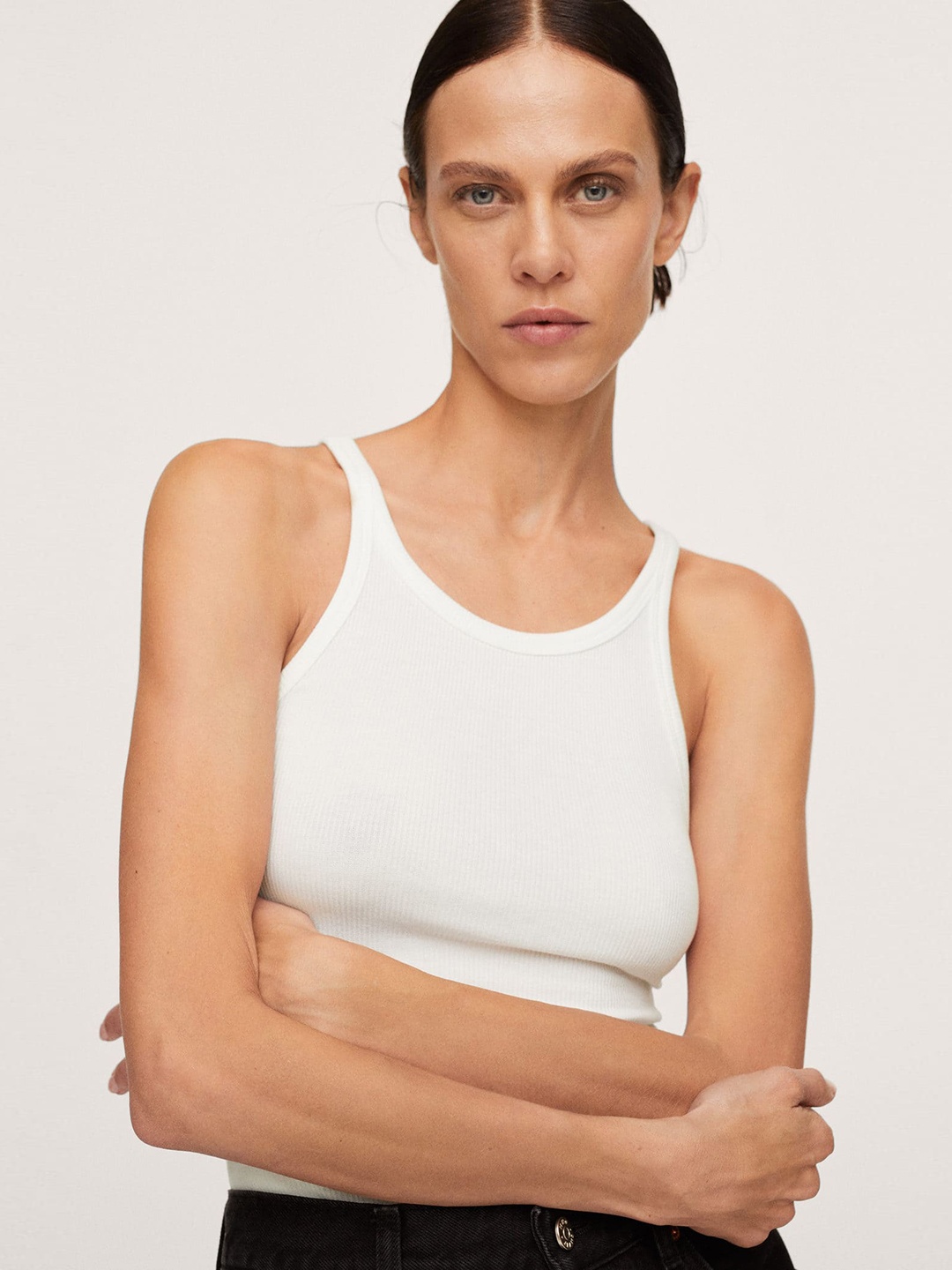 

MANGO Women White Ribbed Top