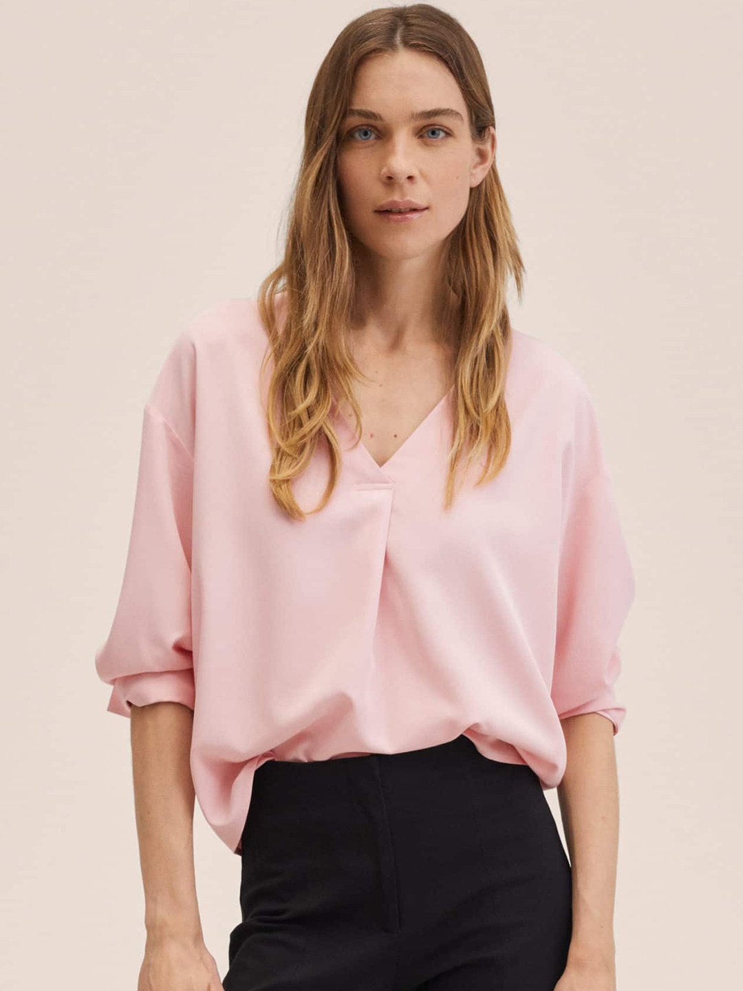 

MANGO Pink V-Neck Solid Top, Peach