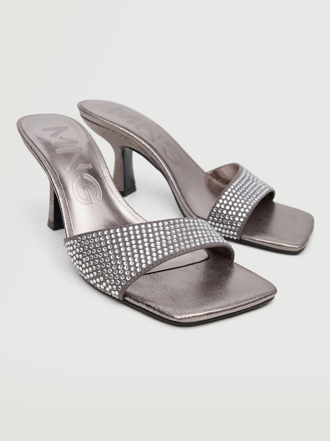 

MANGO Gunmetal-Toned Embellished Slim Heels, Metallic