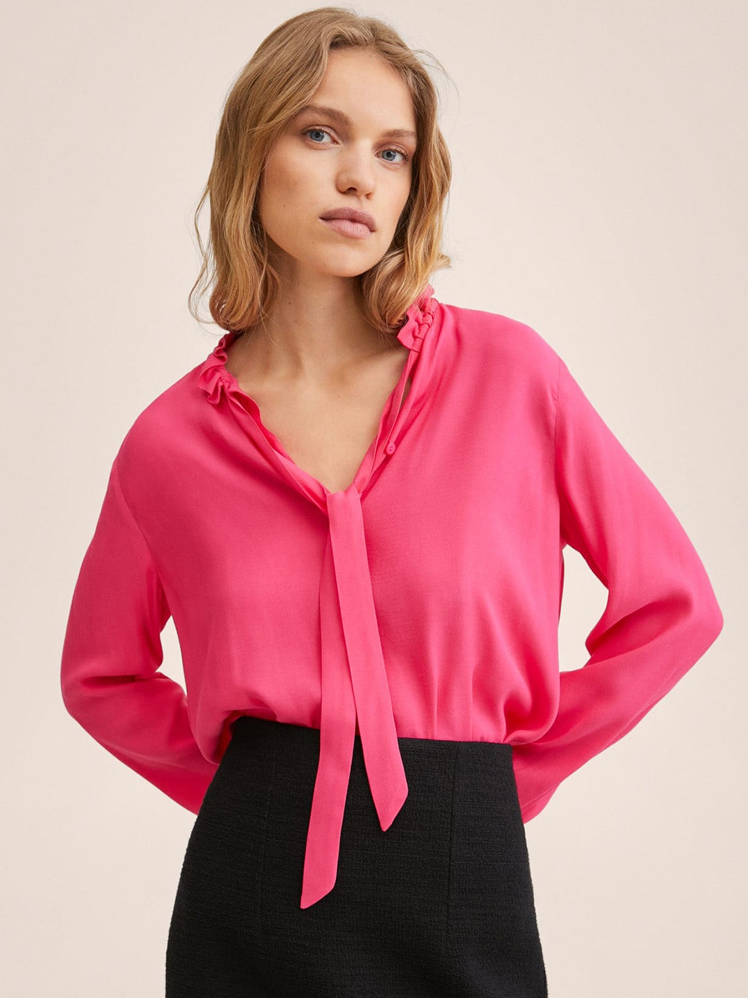 

MANGO Women Pink Solid Tie-Up Casual Shirt