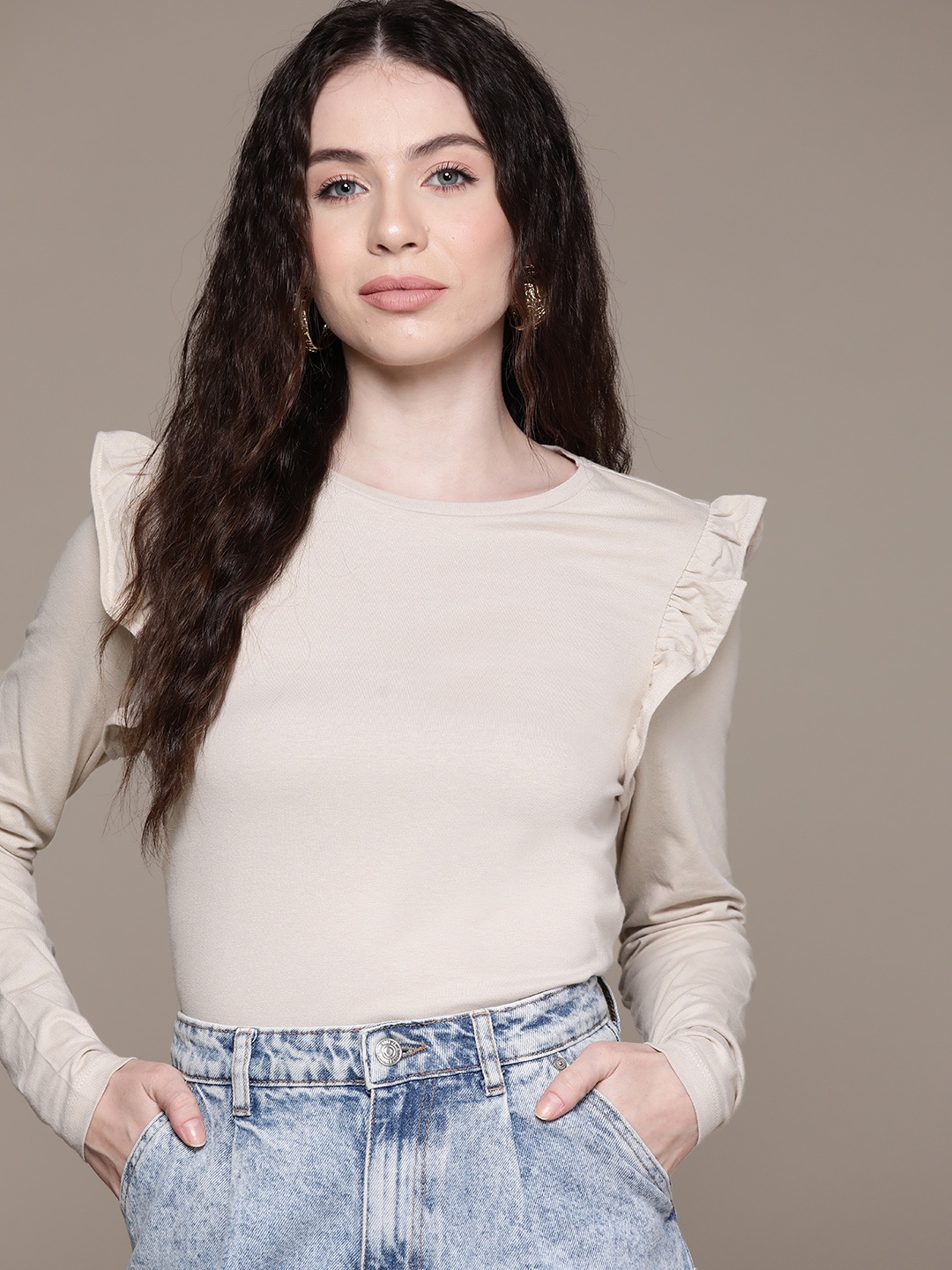 

MANGO Solid Cotton Ruffles Sustainable Top, Beige