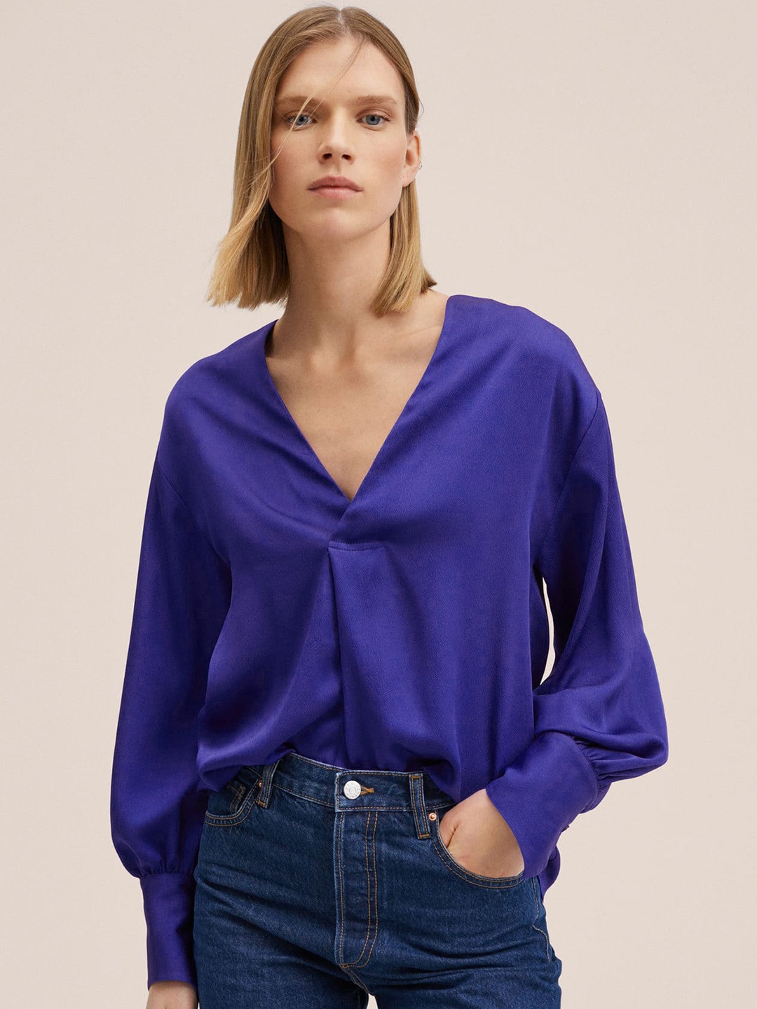 

MANGO Blue Solid Satin Finish Top