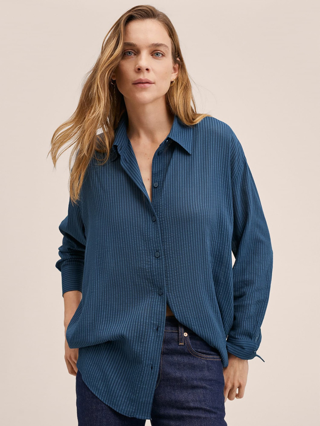 

MANGO Women Blue Self-Striped Oversize Casual Shirt