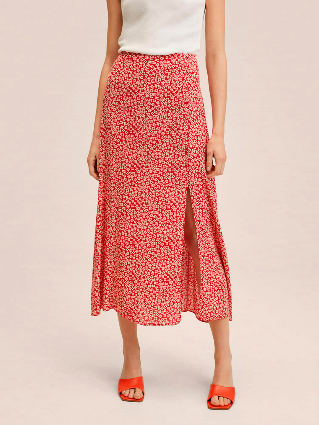

MANGO Women Orange & White Floral Printed Midi Flared Skirt