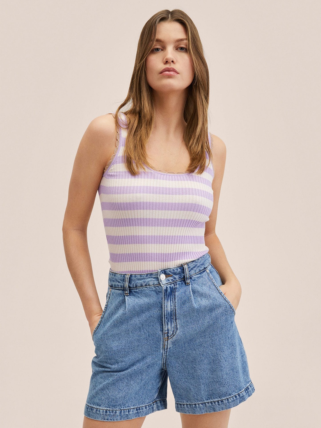 

MANGO Women Lavender & Cream-Coloured Striped Crochet Detail Top
