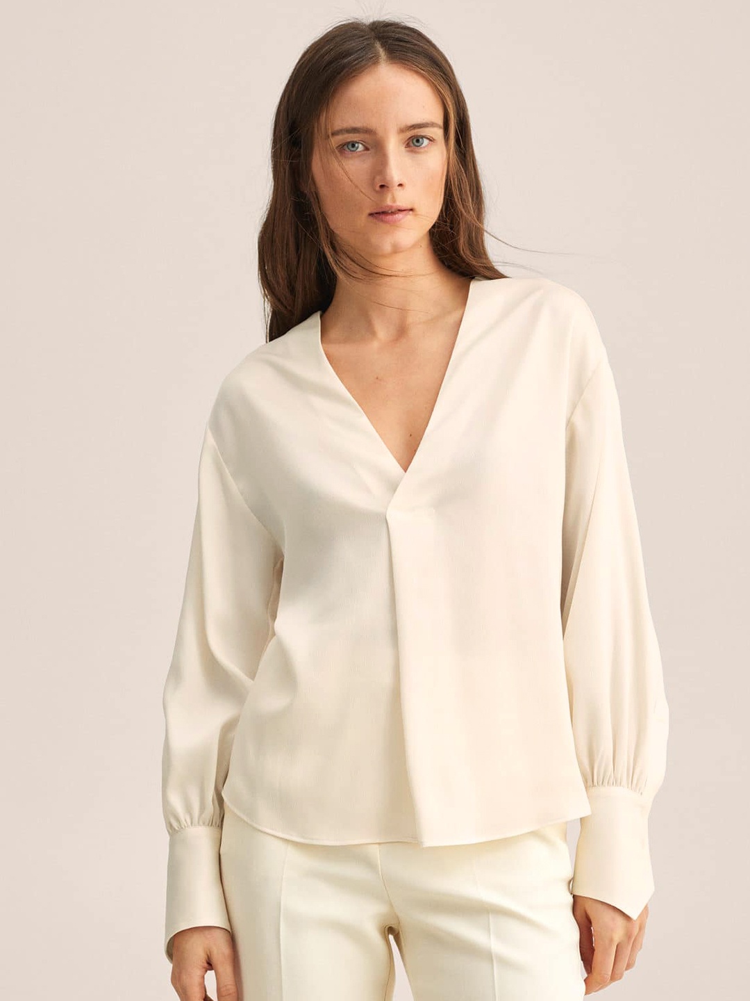 

MANGO Women Off White Solid Cuffed Sleeves Satin Finish Flowy Top