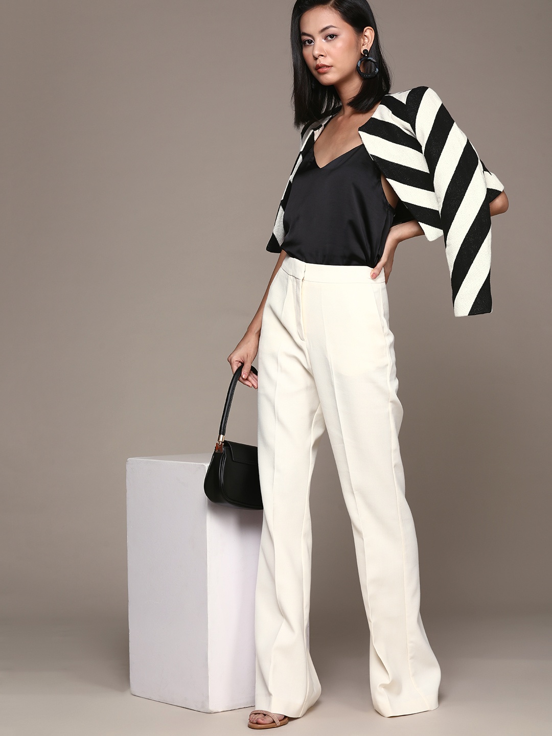 

MANGO Women Black & White Striped Crop Tailored Jacket