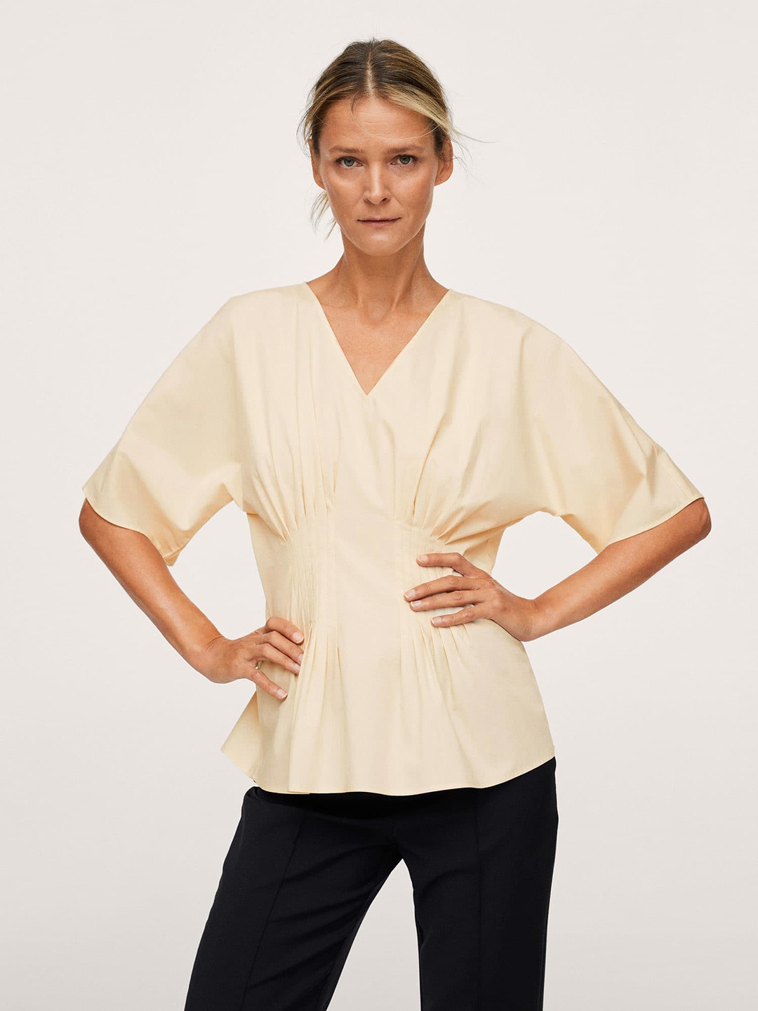 

MANGO Women Off White Solid Pure Cotton Cinched Waist Top