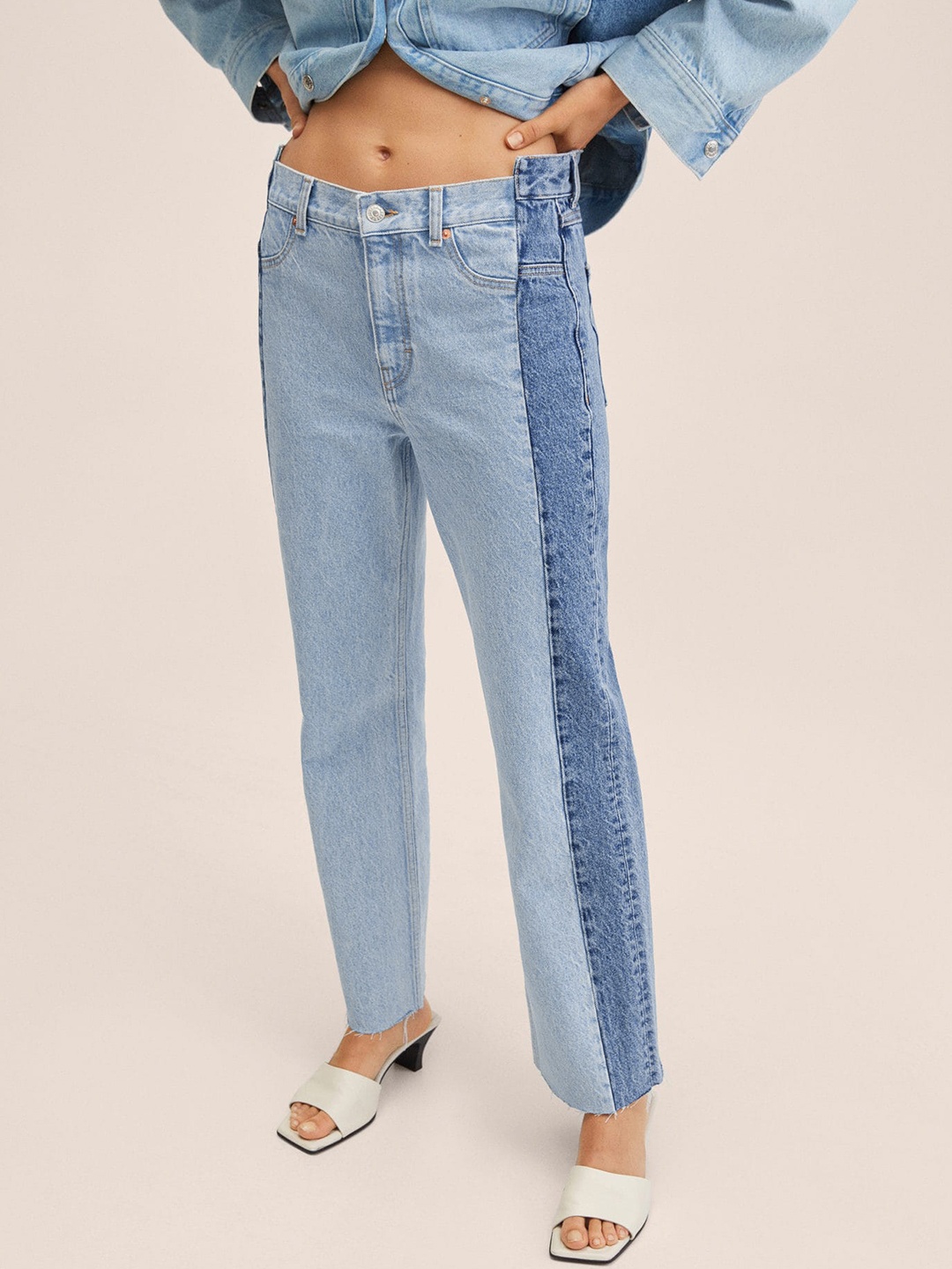 

MANGO Women Blue Straight Fit Pure Cotton High-Rise Colourblocked Jeans