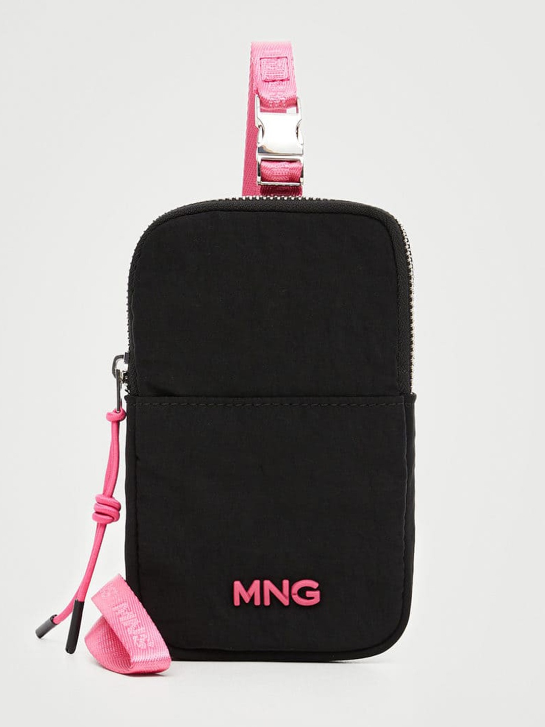 

MANGO Women Black Solid Brand Logo Embossed Mobile Pouch with String