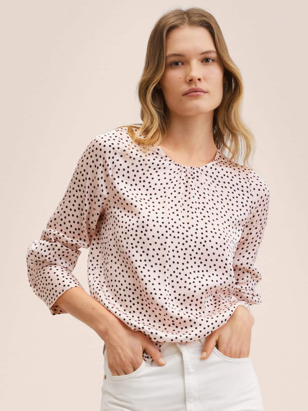 

MANGO Pink & Black Polka Dot Print Top