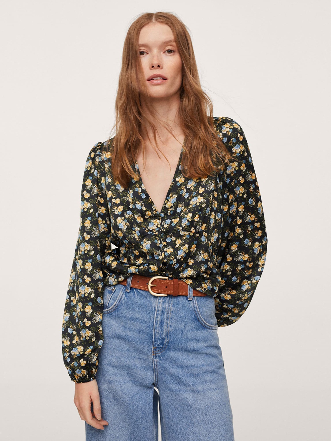 

MANGO Women Black & Yellow Floral Print Top