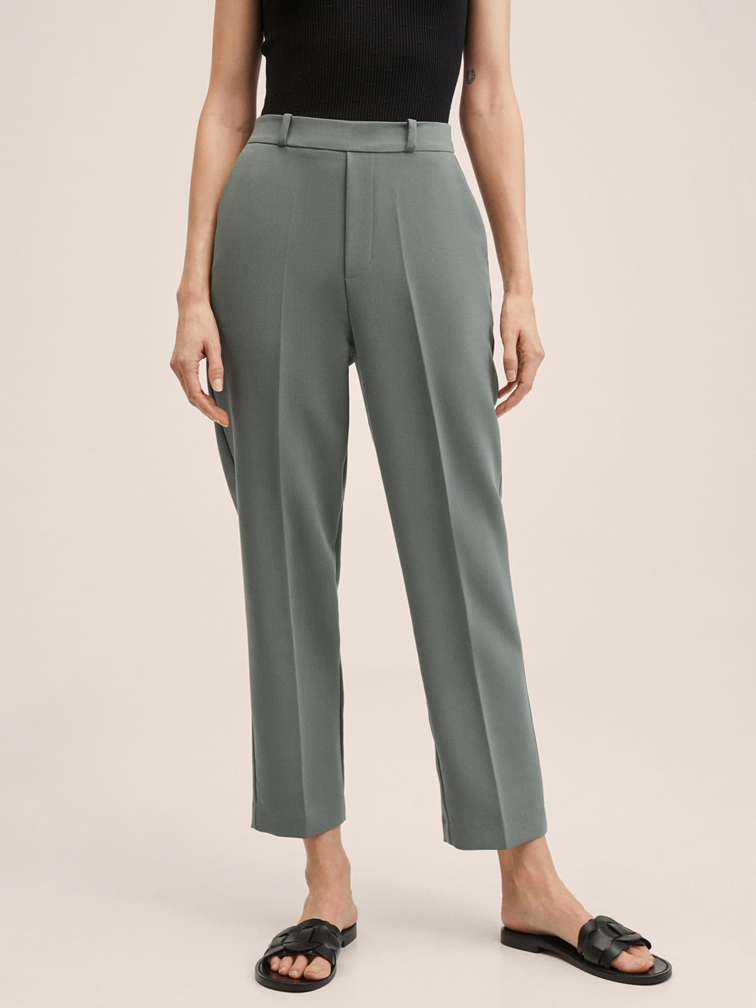 

MANGO Women Grey Solid Trousers