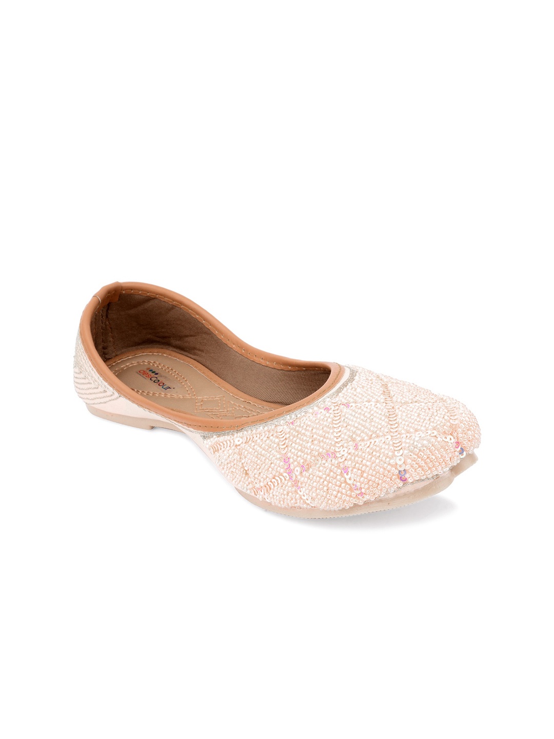 

DESI COLOUR Women Peach-Coloured Embellished Leather Ethnic Mojaris Flats