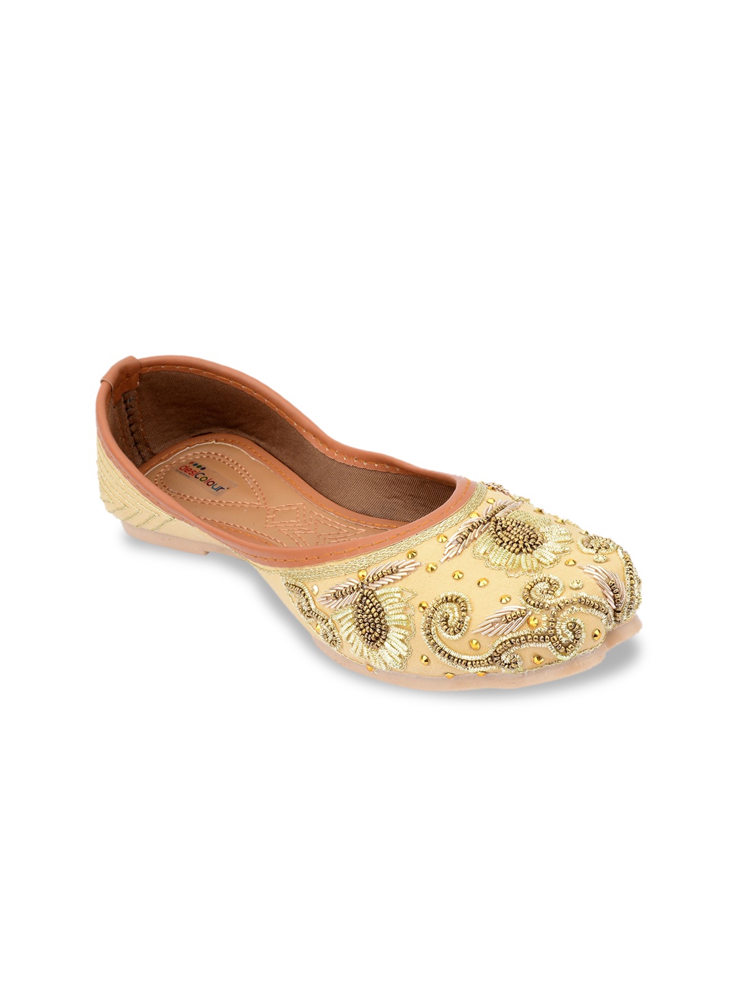 

DESI COLOUR Women Gold-Toned Embellished Leather Ethnic Mojaris Flats