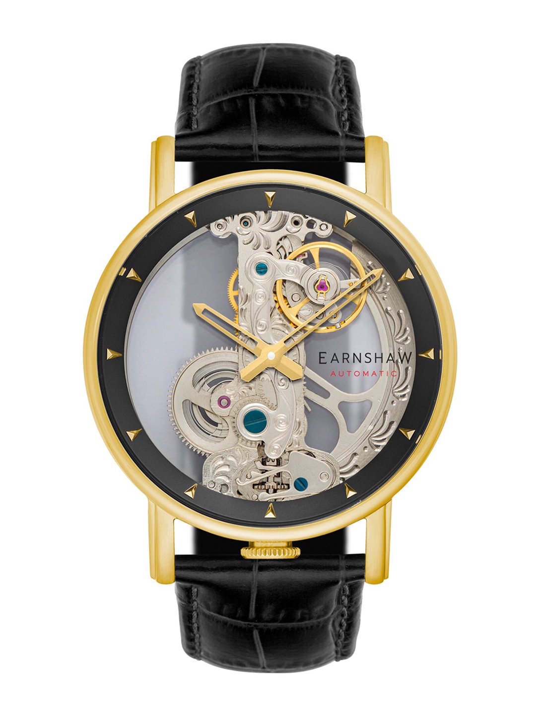 

EARNSHAW Men Black Skeleton Dial & Black Leather Wrap Around Straps Analogue Automatic Motion Powered Watch