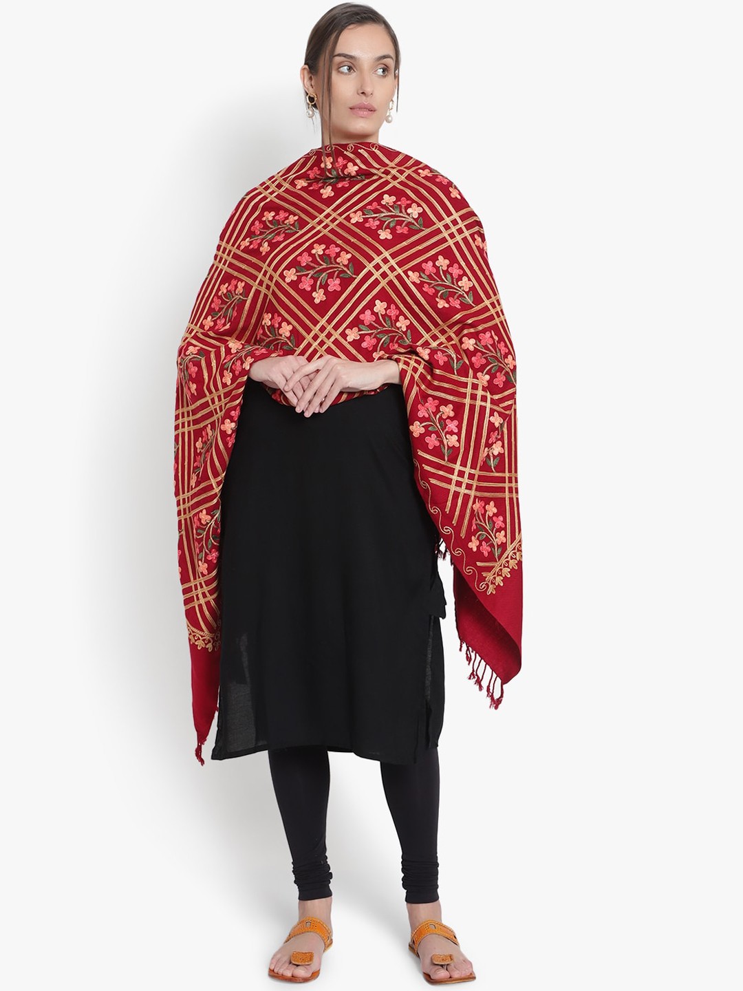 

Mizash Red Embroidered Shawl