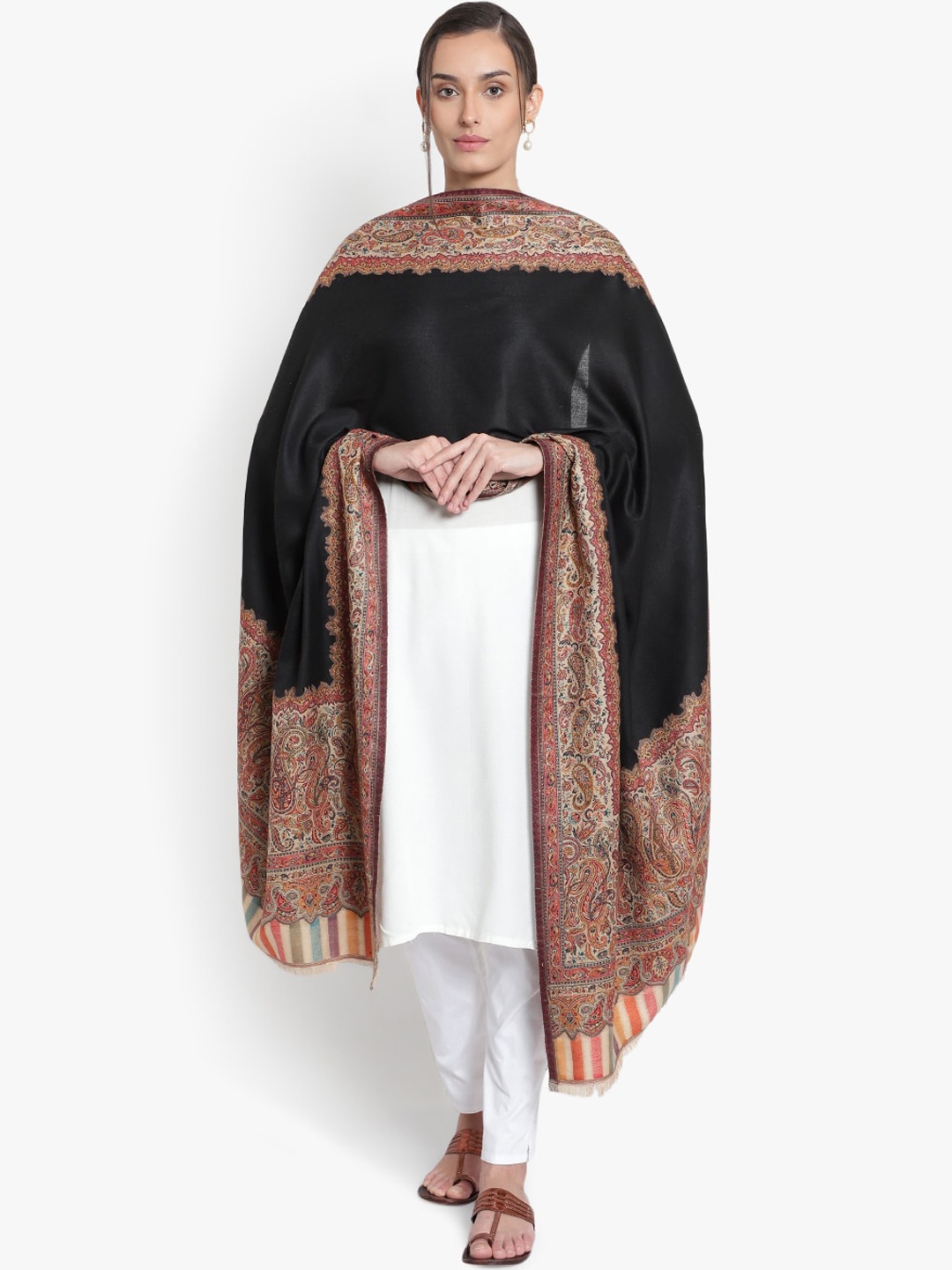 

Mizash Women Black & Beige Printed Woolen Shawl