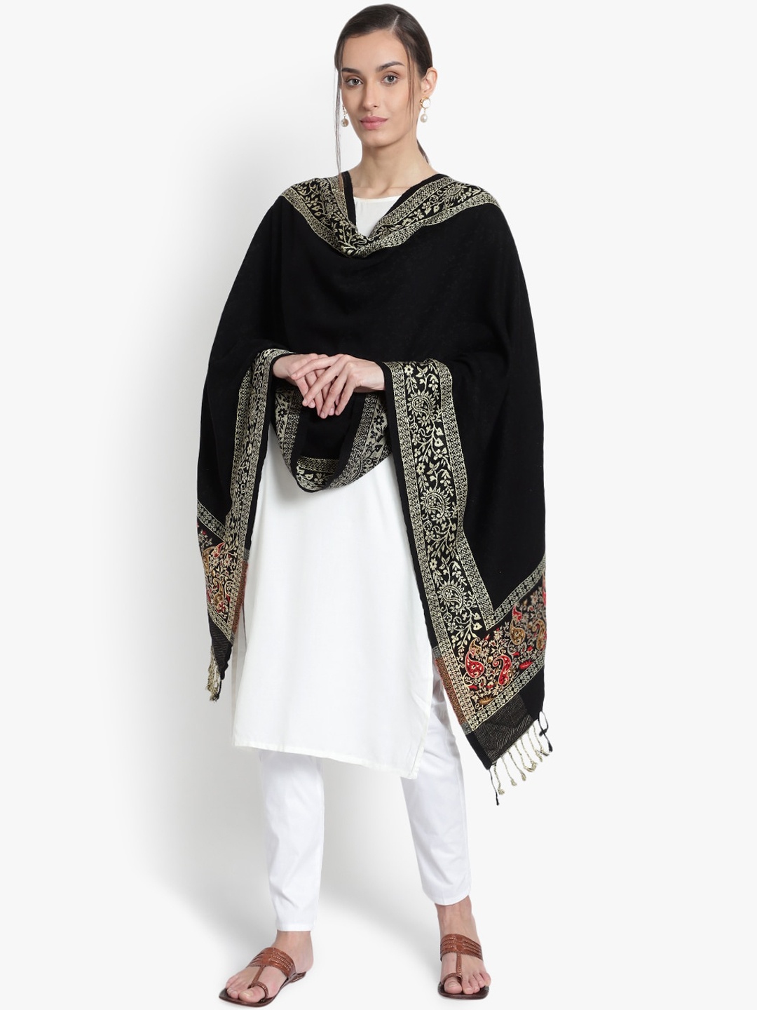 

Mizash Women Black Paisley Woven Design Shawl