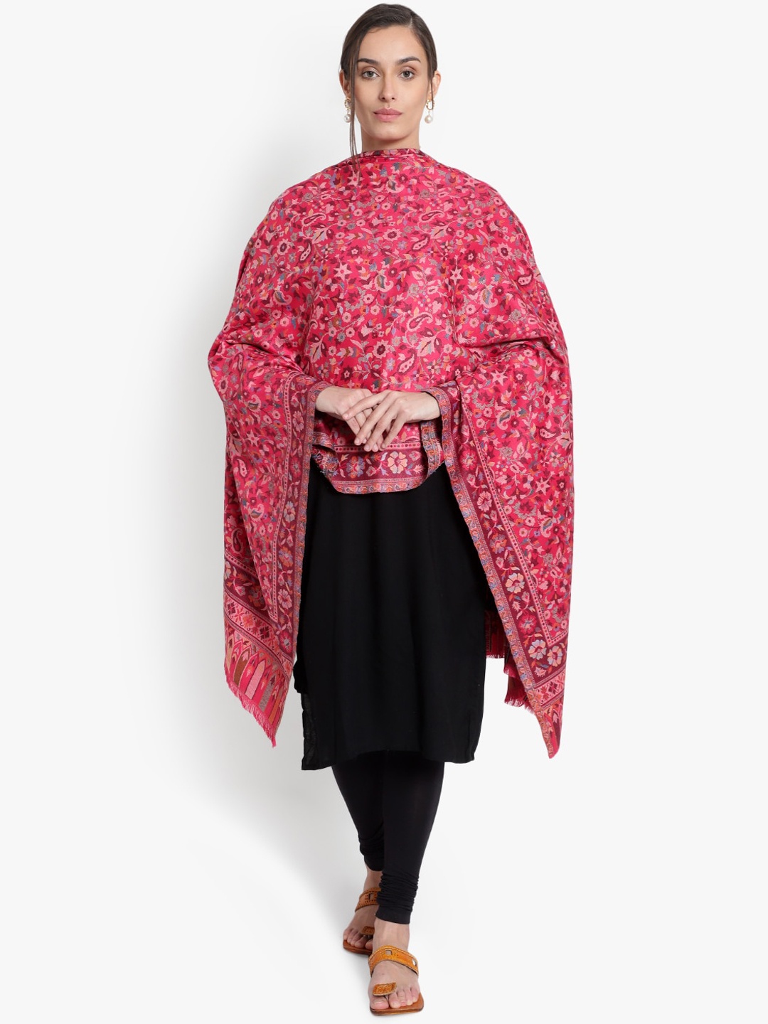 

Mizash Women Pink Floral Paisley Printed Woolen Shawl