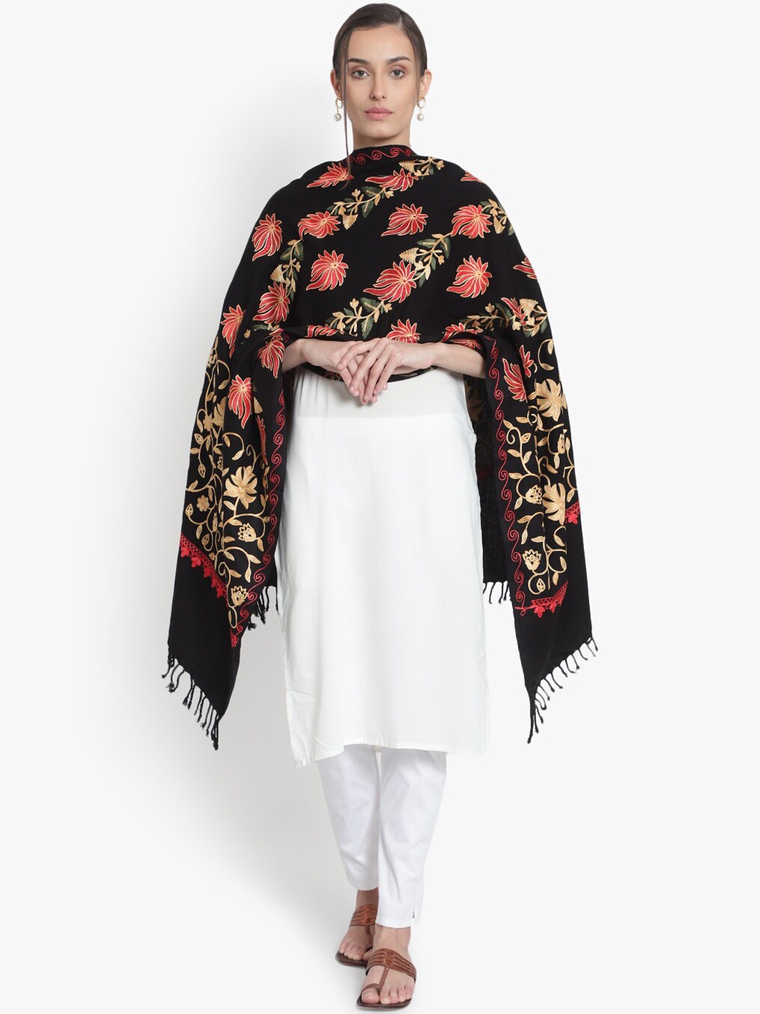 

Mizash Women Black & Beige Ethnic Motifs Embroidered Shawl