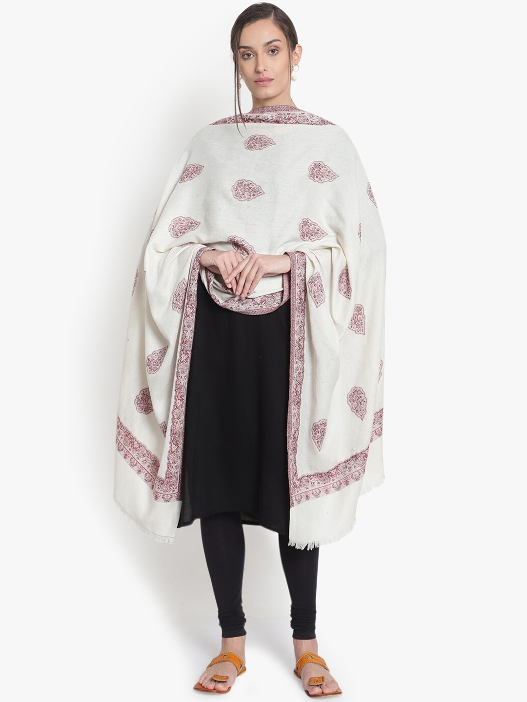 

Mizash Women Cream-Coloured & Maroon Ethnic Motifs Woven Design Woolen Shawl