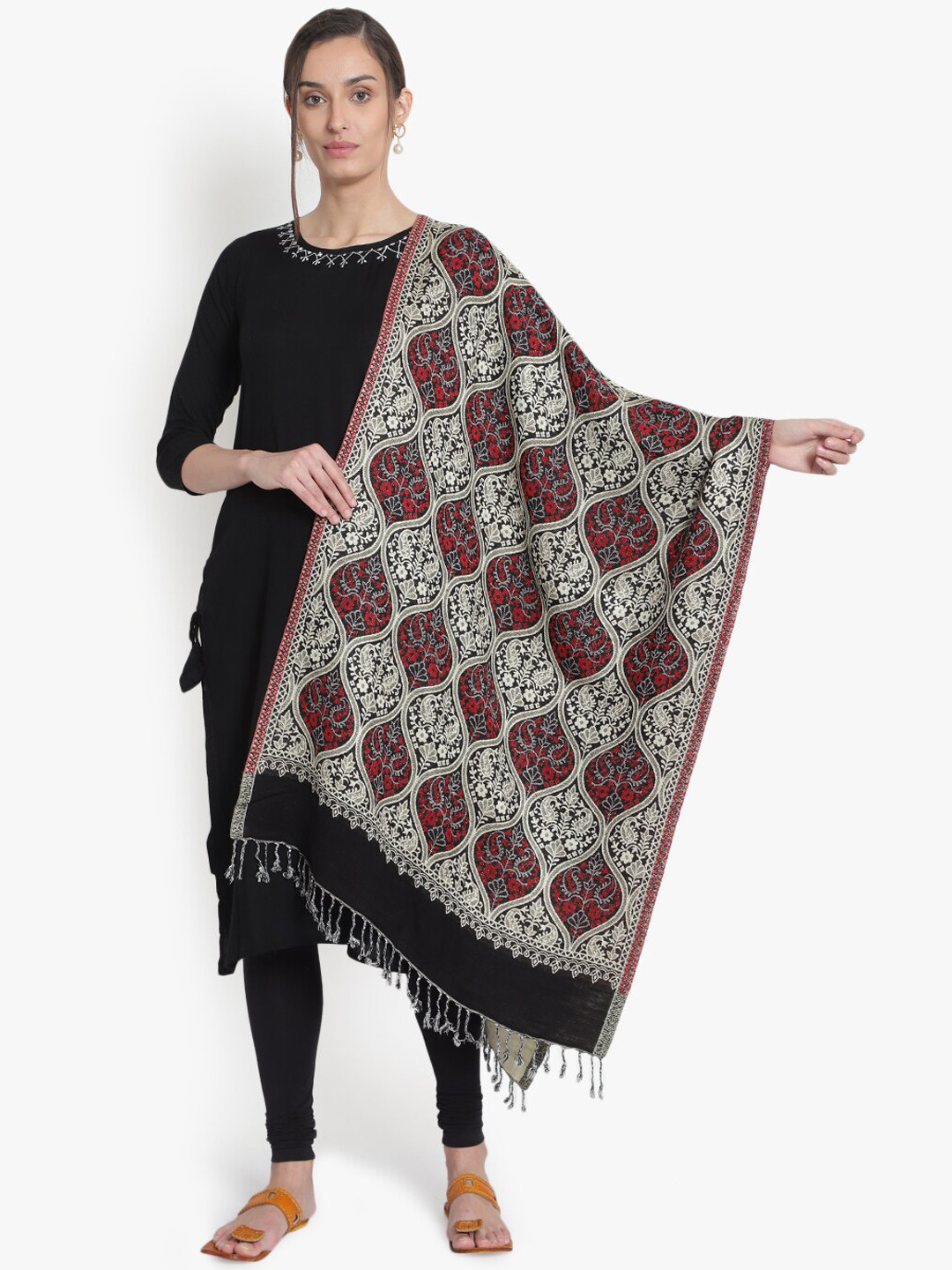 

Mizash Women Black Woven Design Woolen Shawl