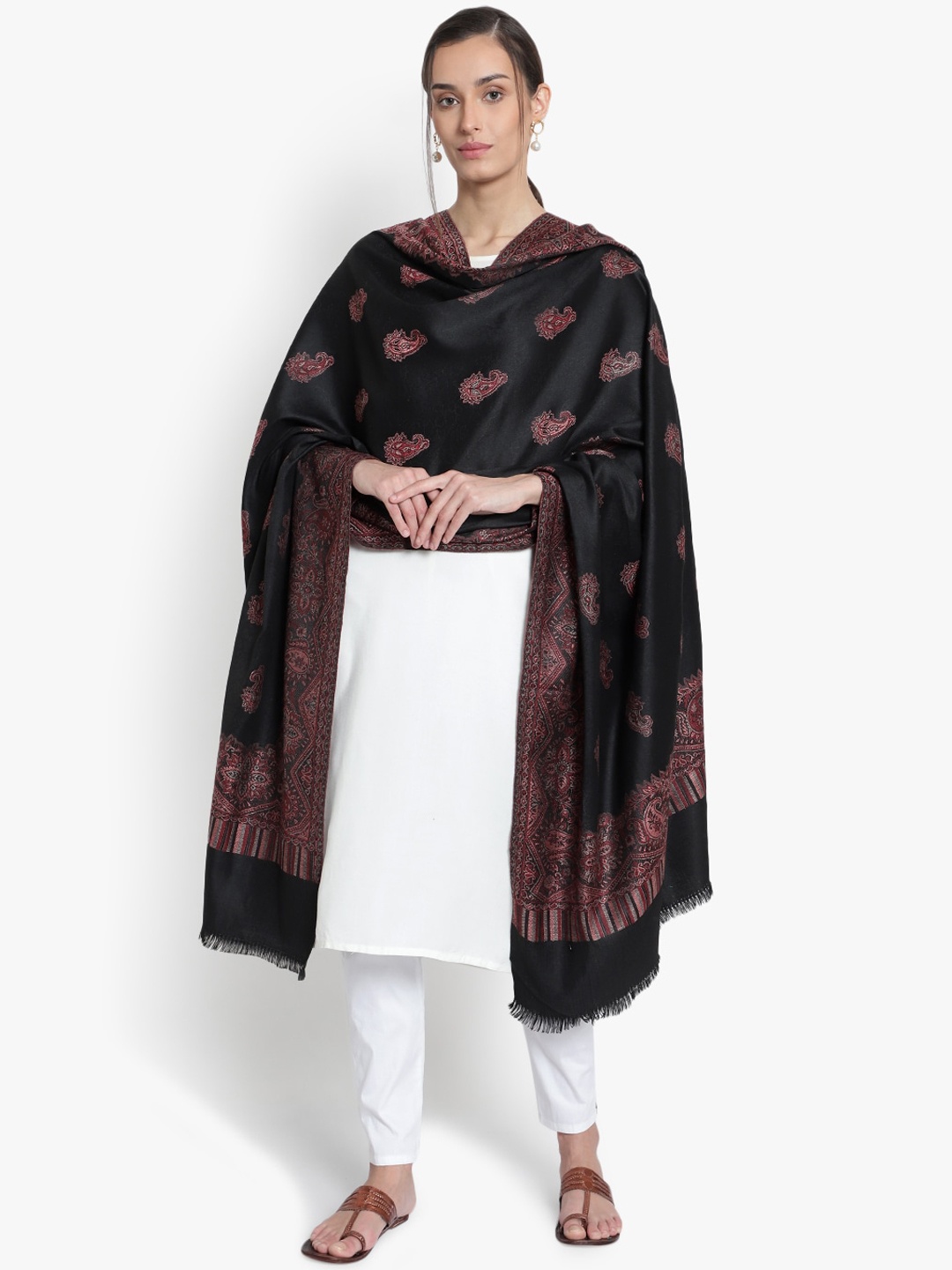

Mizash Women Black Woven Design Woolen Shawl