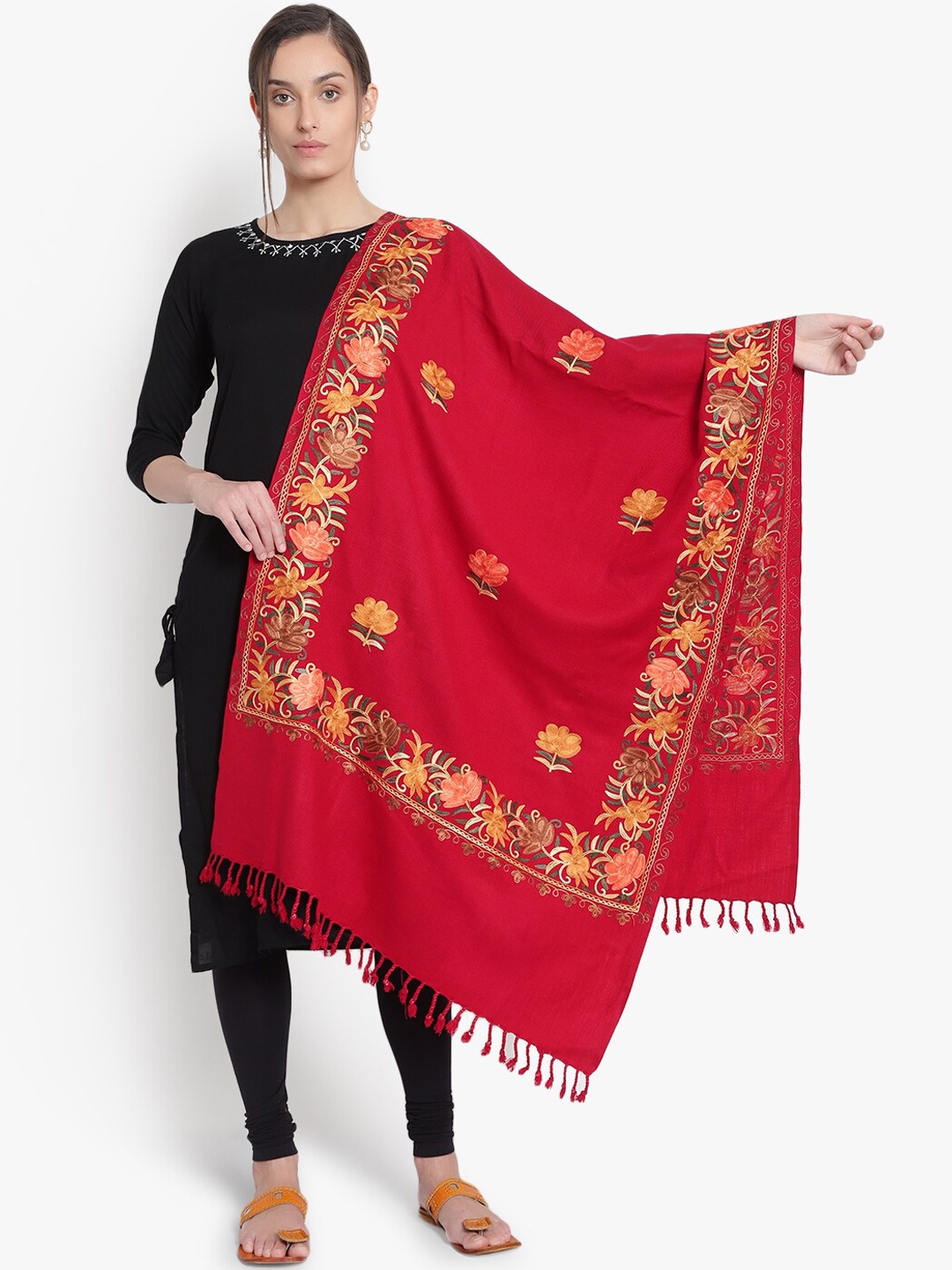 

Mizash Women Red Floral Embroidered Shawl