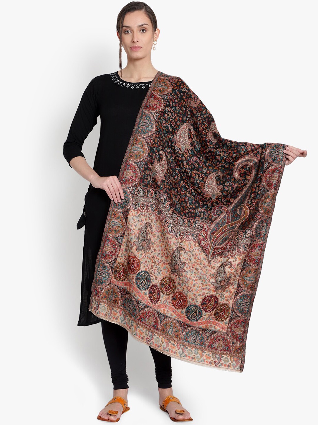 

Mizash Women Black & Beige Printed Woolen Shawl