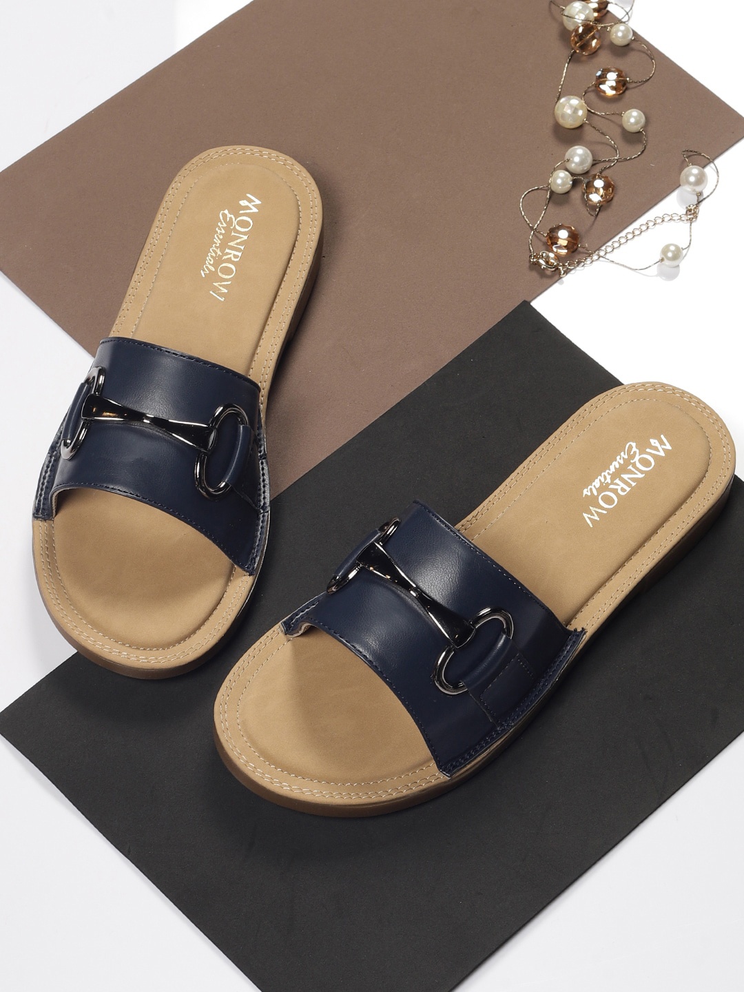 

Monrow Women Blue & Beige Open Toe PU Flats with Buckles