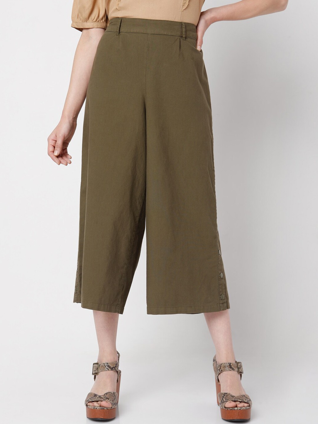 

Vero Moda Women Olive Green Flared High-Rise Culottes Trousers