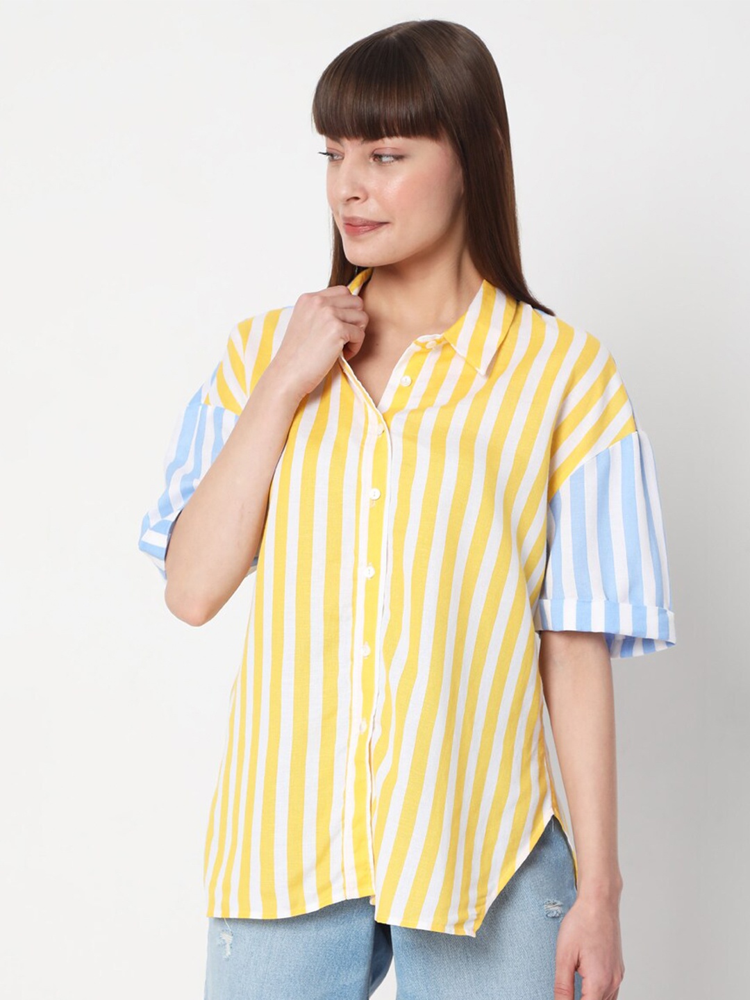 

Vero Moda Women Yellow & Blue Striped Casual Shirt