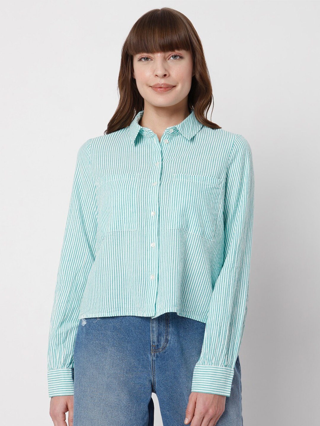 

Vero Moda Women Green & White Striped Casual Shirt