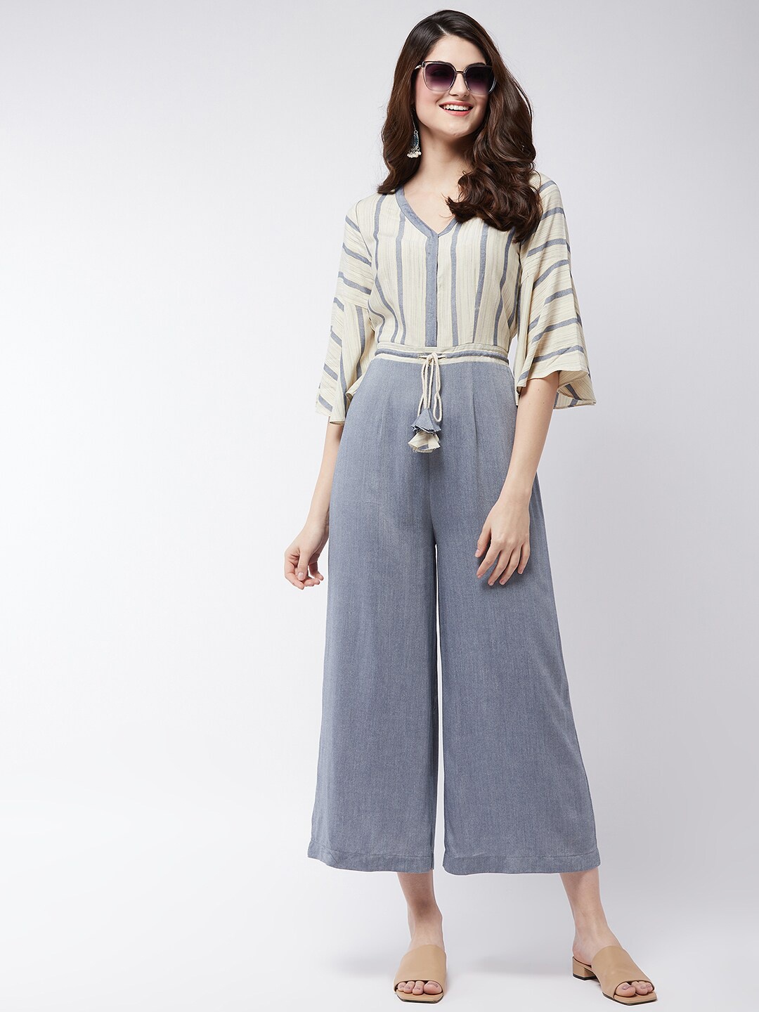 

Pannkh Grey & Cream-Coloured Striped Basic Jumpsuit