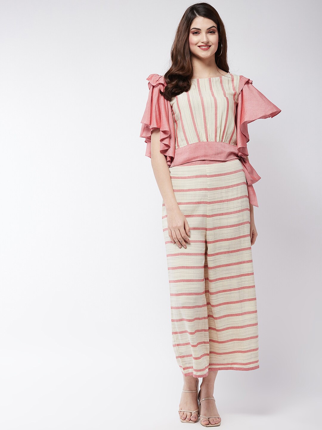 

Pannkh Women Pink & Cream Striped Ruffle Top with Palazzo