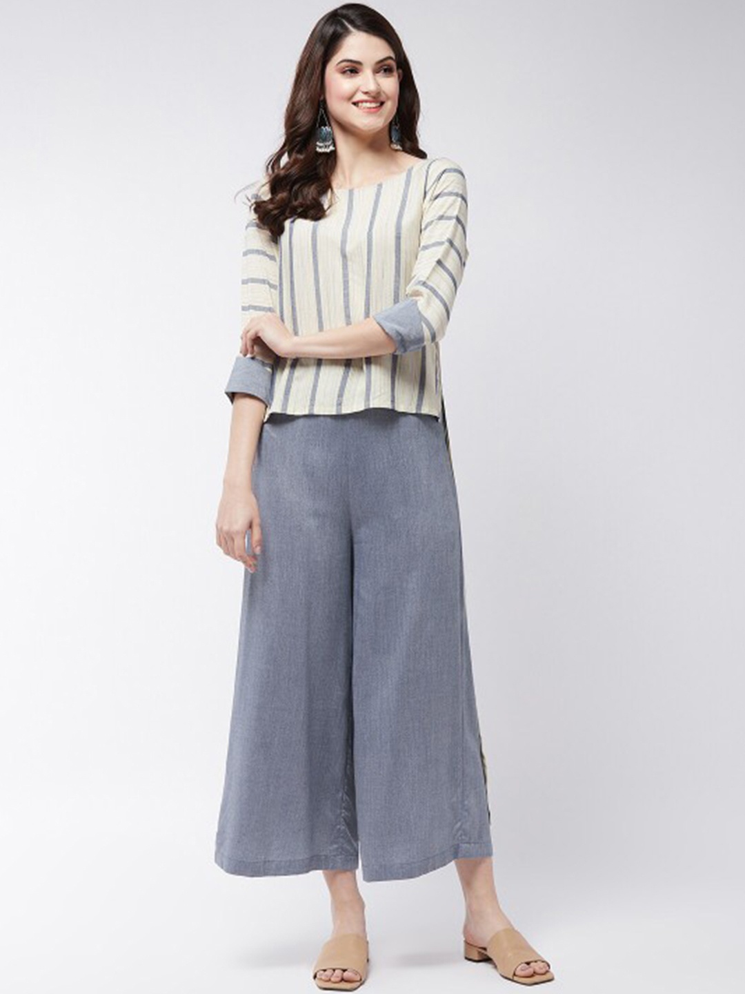 

Pannkh Women Blue Striped Low-High Hemline Top with Palazzos Co-Ords set