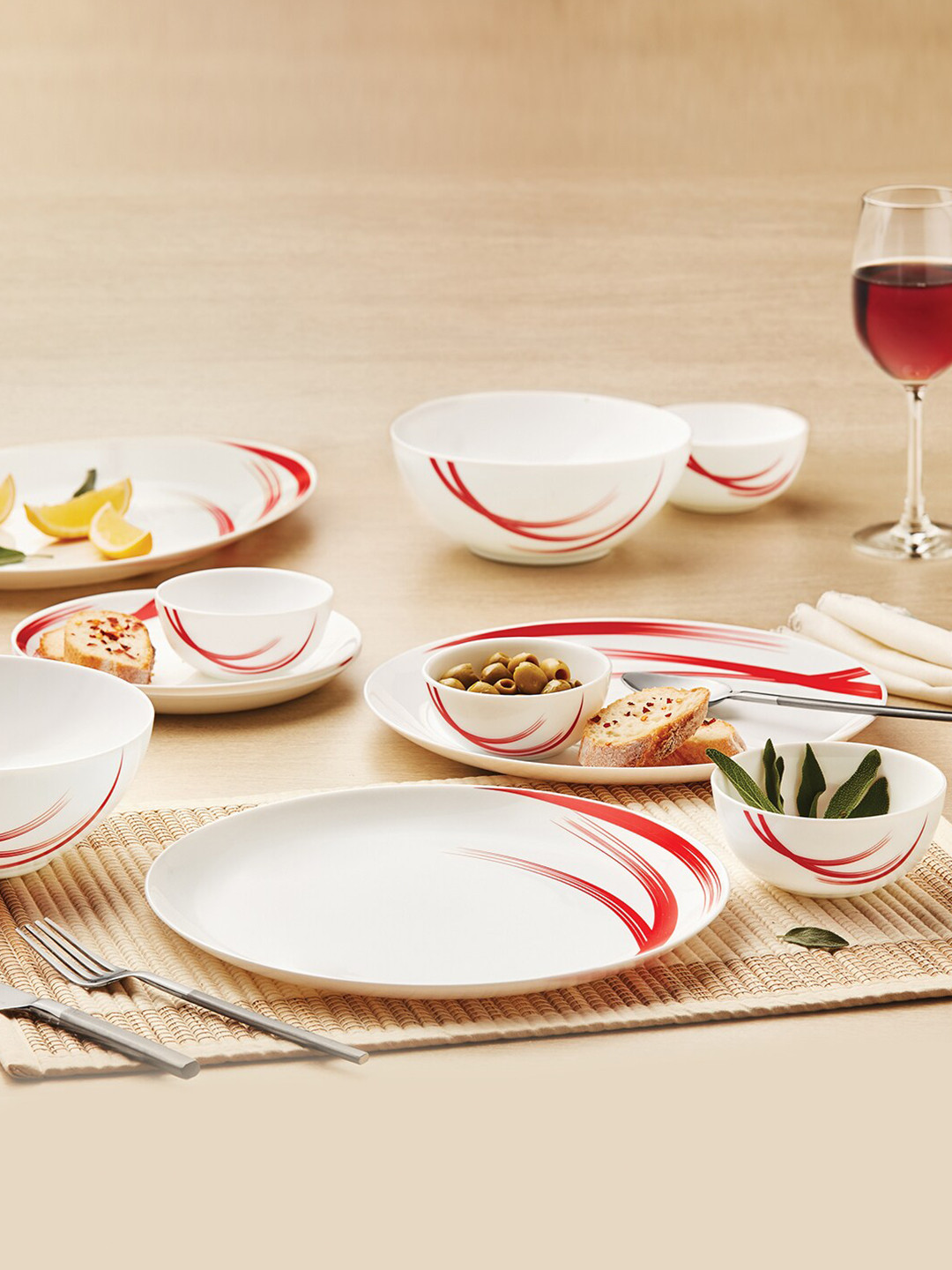 

Larah by BOROSIL Moon Red Stella Floral Printed Opalware Glossy 33 Pcs Dinner Set, White