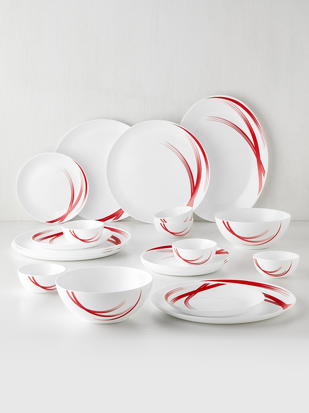 

Larah by BOROSIL Moon Red Stella Set Of 21 White & Red Printed Opalware Glossy Dinner Set