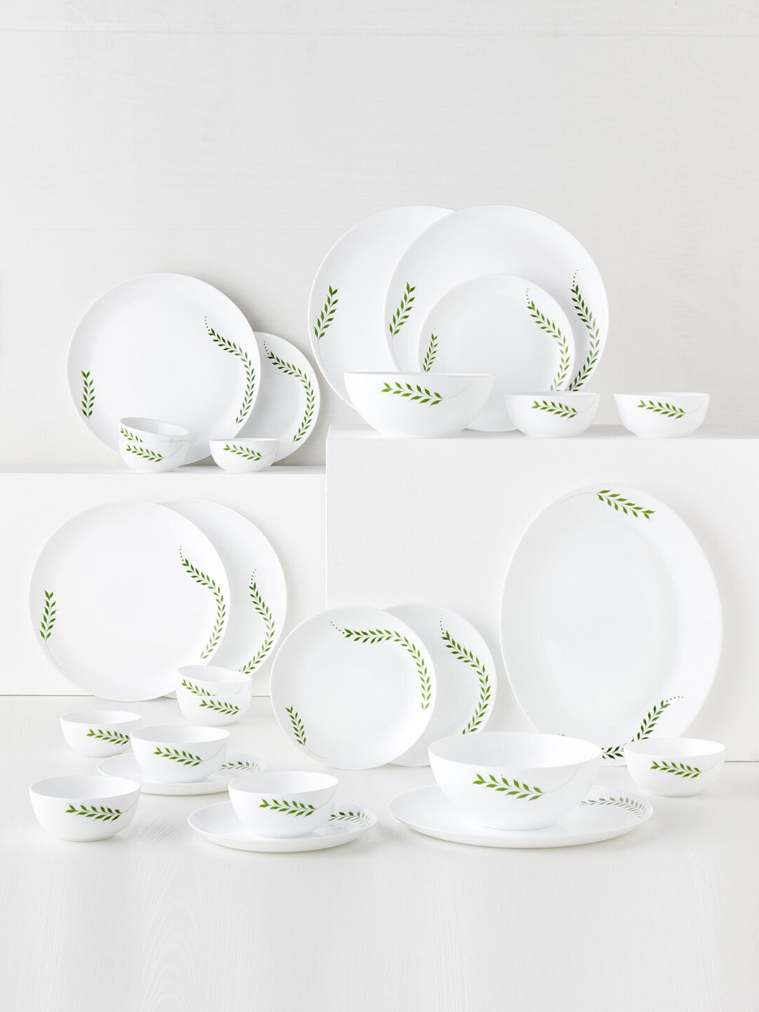 

Larah by BOROSIL Moon Botanica Set Of 27 White Floral Print Stella Opalware Dinnerware