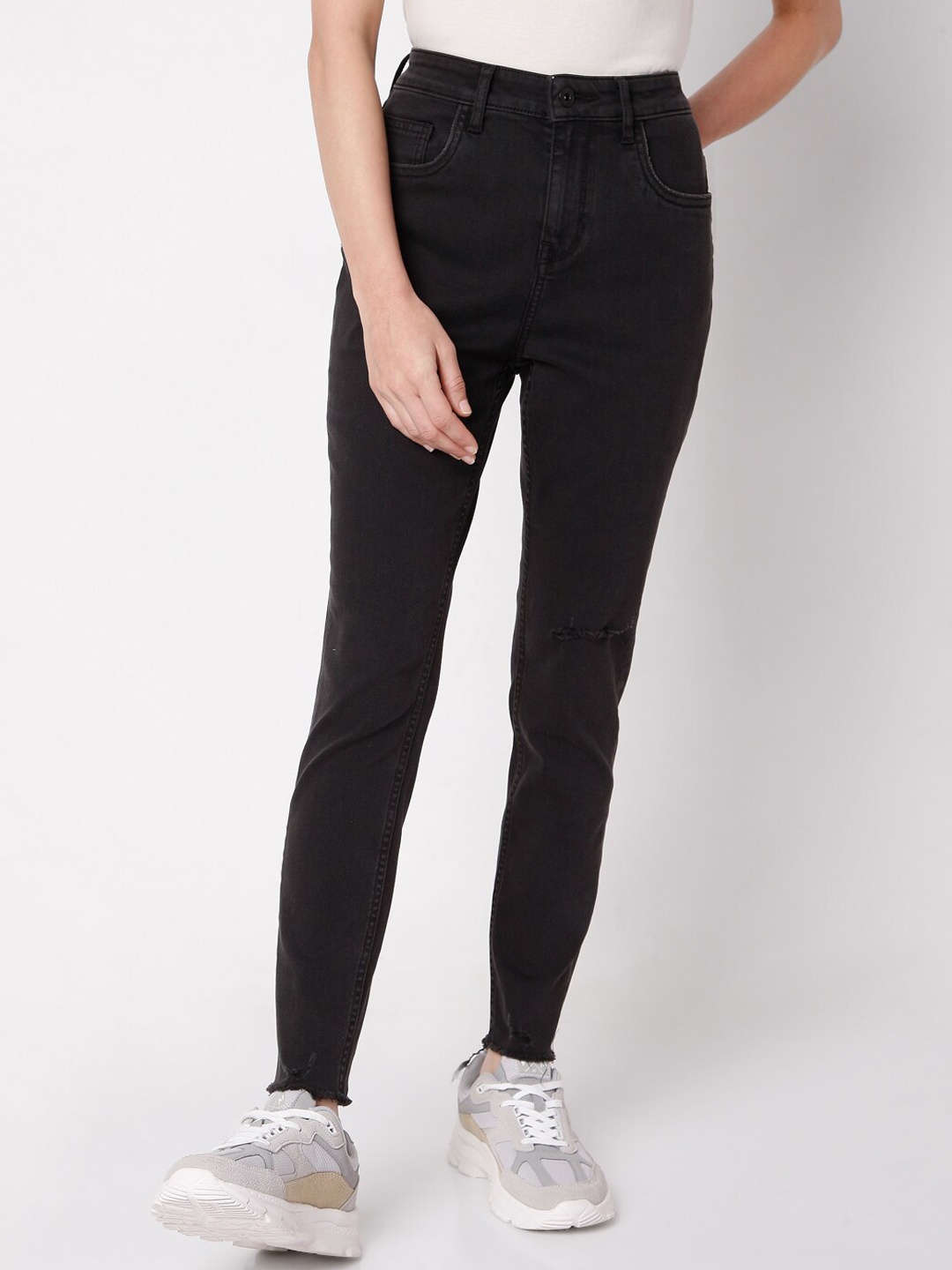 

Vero Moda Women Black Skinny Fit High-Rise Slash Knee Jeans