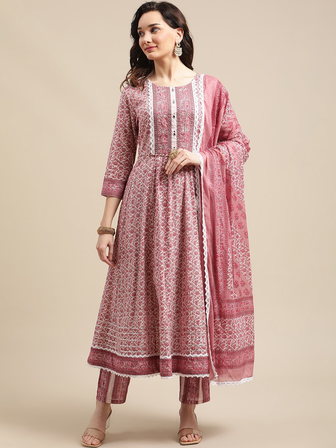 

KSUT Women Pink Printed Pure Cotton Kurta with Trousers & With Dupatta