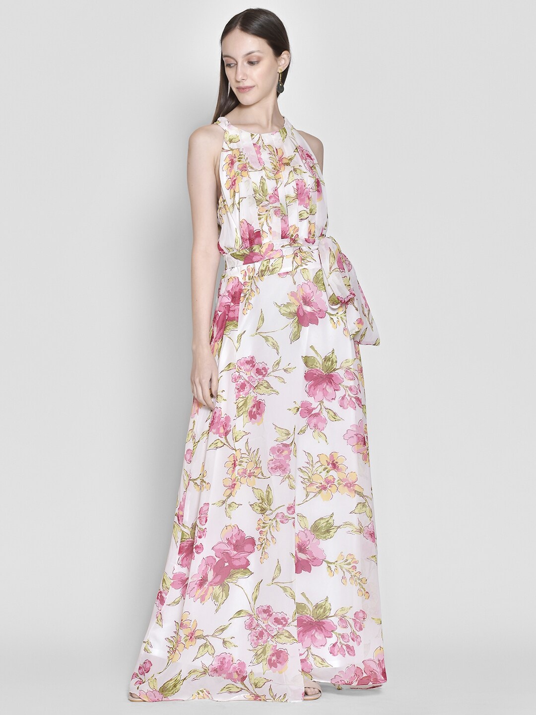 

250 DESIGNS White & Pink Floral Georgette Maxi Dress