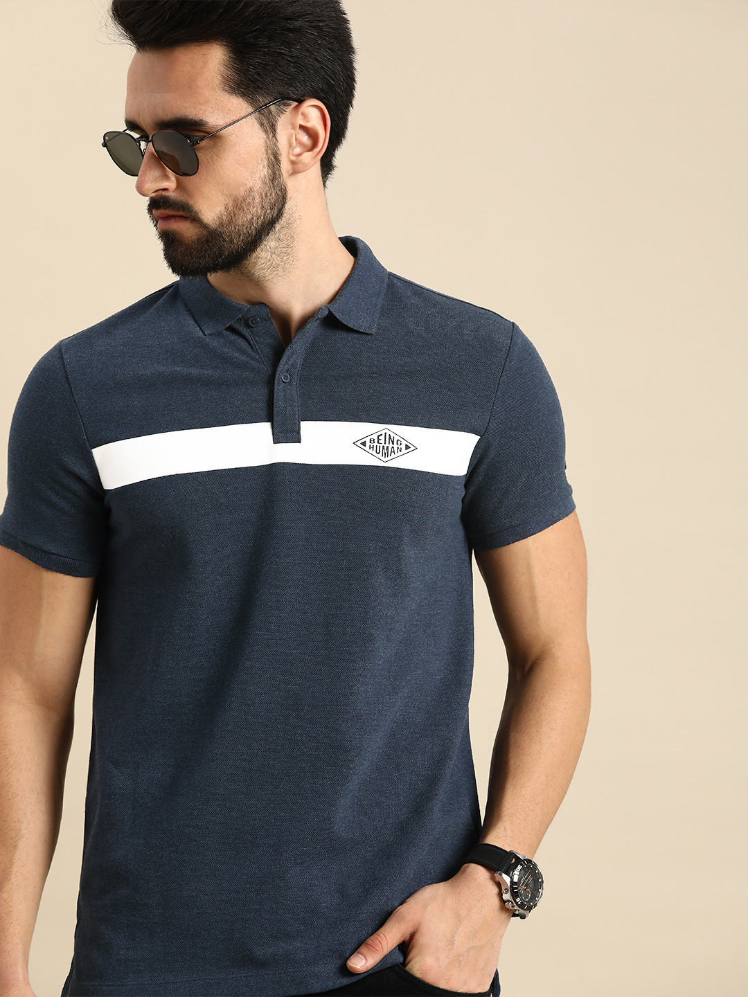 

Being Human Men Blue & Off White Colourblocked Polo Collar Casual T-shirt